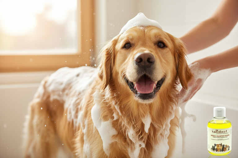 Golden Retriever wird mit Kallisbest Shampoo eingeschäumt