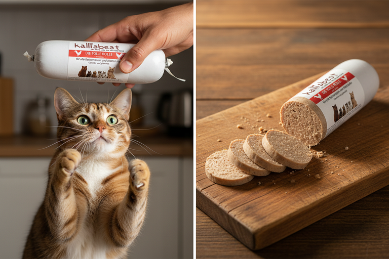 Katze schaut auf Kallisbest Tolle Rolle Huhn & Rind in der Hand