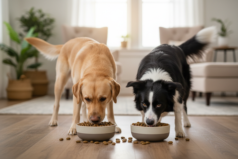 Labrador und Border Collie fressen begeistert Kallisbest glutenfreies Trockenfutter aus Napf