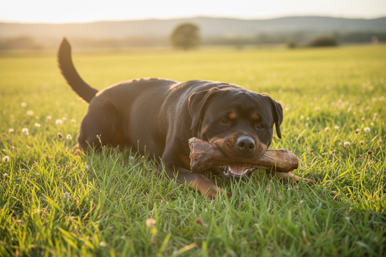 Rottweiler kaut Kalbsunterbein in der Natur – Kallisbest