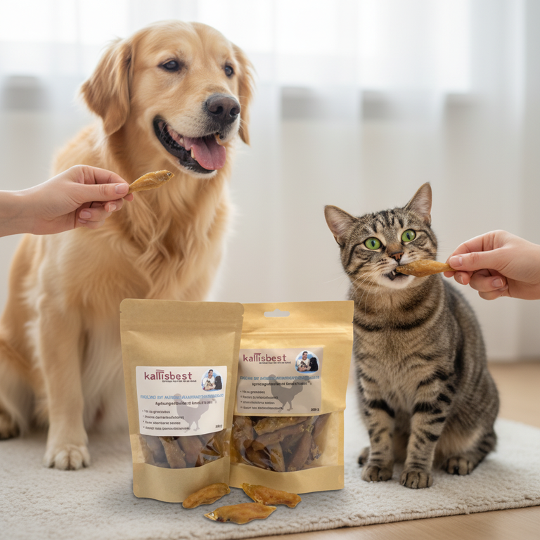 Fische im Hühnerbrustfiletmantel – Kallisbest Verpackung vorne, Hund und Katze bekommen Leckerli