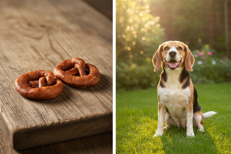 Kallisbest Brezel im Entenfleischmantel – Split-Bild mit Beagle
