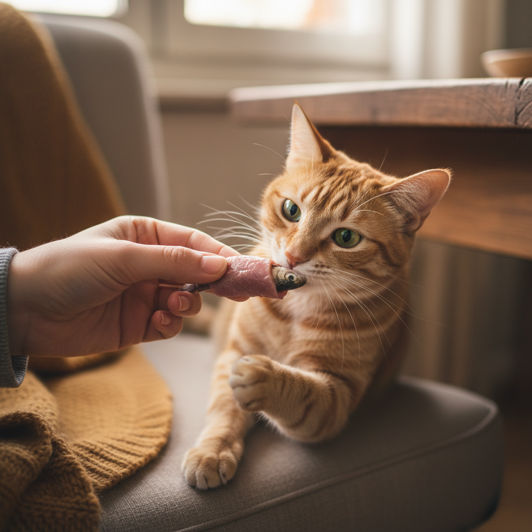 Hand bietet Katze Fische im Entenbrustfiletmantel an