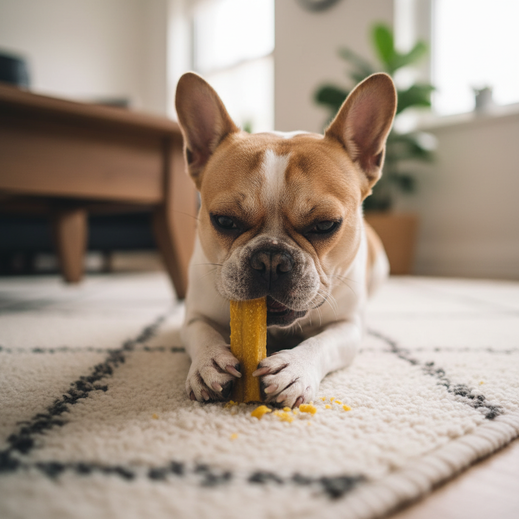 Französische Bulldogge frisst Himalaya Yak Kaukäse Sorten-Mix