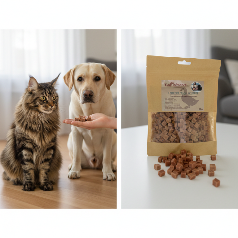 Entenfleischwürfel – Maine Coon und Labrador im Training