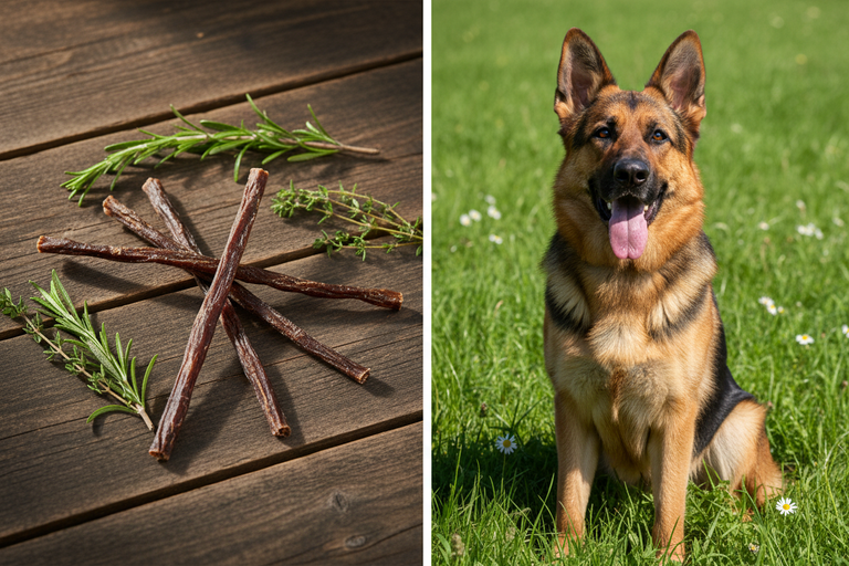 Kallisbest Schweinedärme Stangen – Split-Bild mit Schäferhund