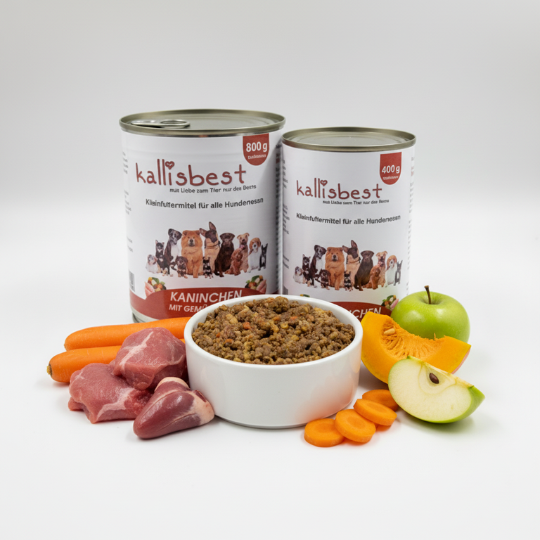 Kaninchen mit Gemüse & Obst – Kallisbest Originaldosen mit echtem Napfinhalt