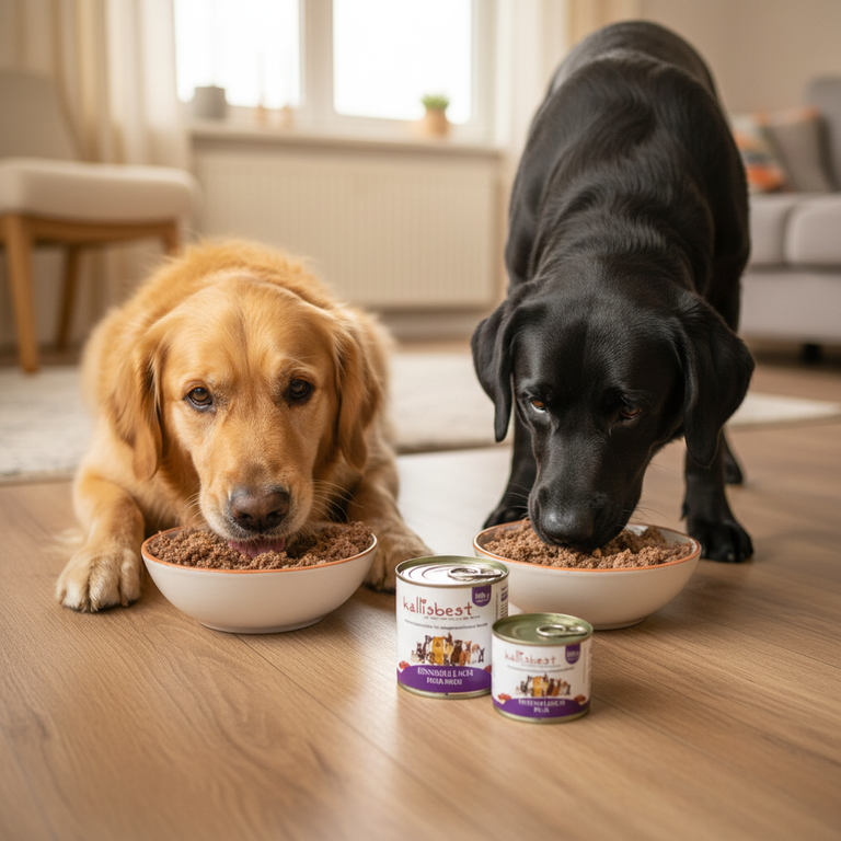 Hunde fressen genüsslich Kallisbest Entenfleisch pur