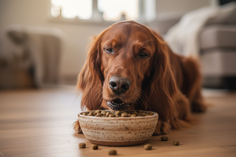 Irish Setter frisst begeistert Kallisbest hypoallergenes Trockenfutter aus Napf