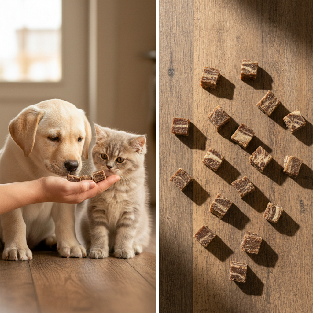 Rind-Huhn-Kabeljau Fleischwürfel – Labrador Welpe und BKH Kitten mit Würfeln auf Holz