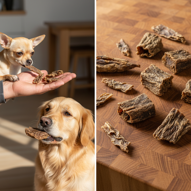 Rinderlungen Stücke – Chihuahua und Golden mit Stücken auf Holz