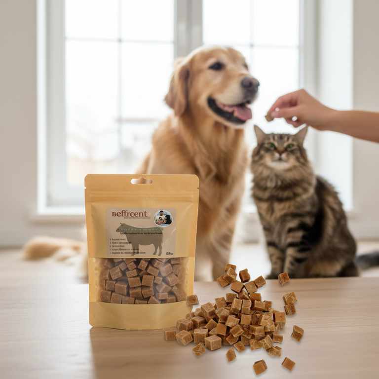 Rindfleischwürfel – Verpackung, Golden Retriever und Tabby-Katze