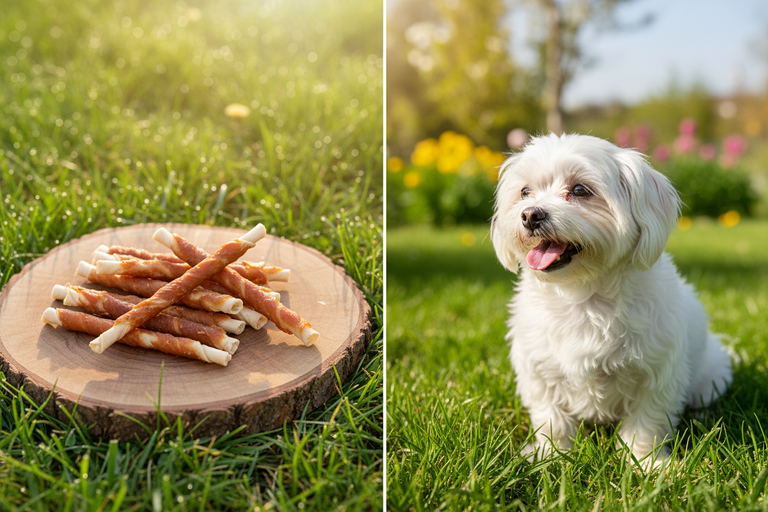 Kallisbest Kaustangen im Hühnchenfleischmantel auf Holzbrett auf Wiese mit Malteser