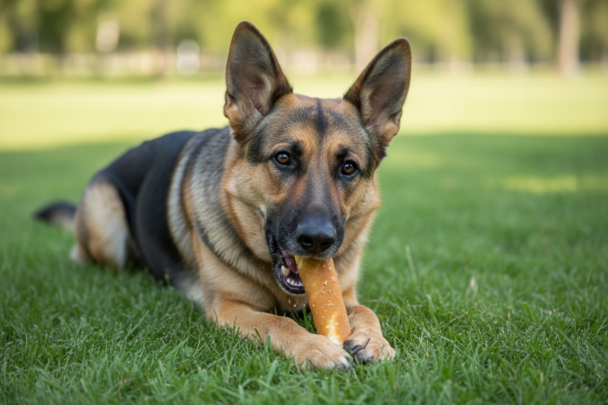 Schäferhund kaut Rolle im Hühnchenfleischmantel ca. 15 cm