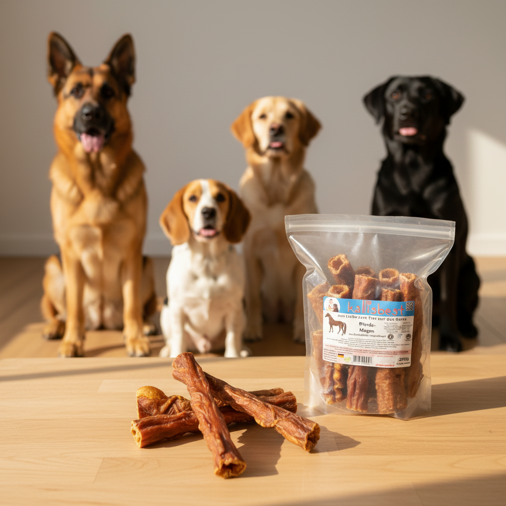 Pferdemagen Produkt mit Hunden im Hintergrund