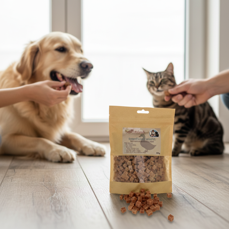 Entenfleischwürfel – Verpackung, Golden Retriever und Tabby-Katze