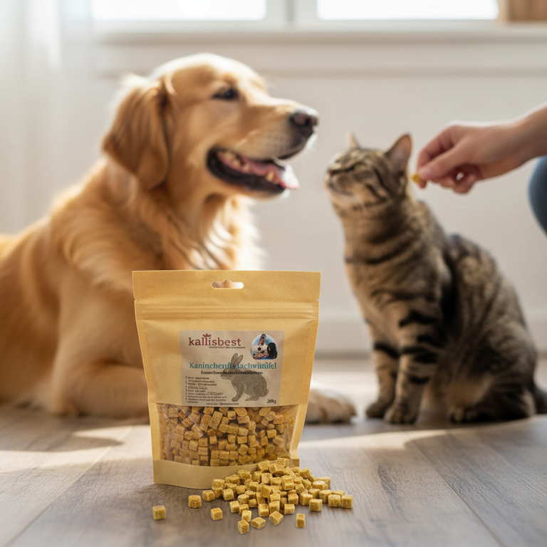 Kaninchenfleischwürfel – Verpackung, Golden Retriever und Tabby-Katze