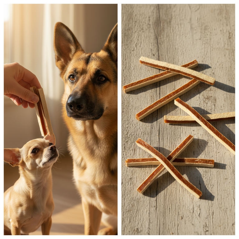 Huhn-Fisch Sandwich Streifen – Chihuahua und Schäferhund mit Streifen auf Holz