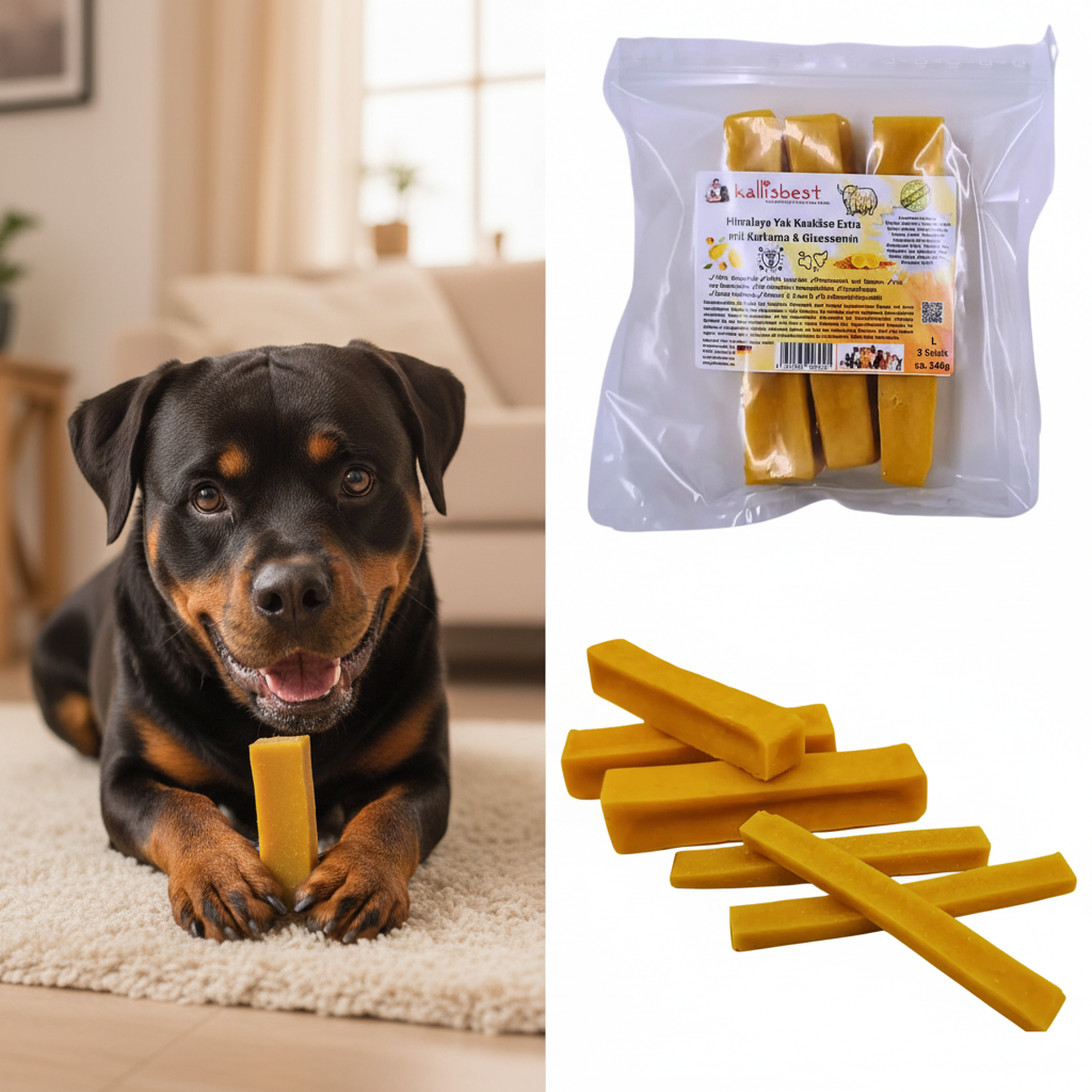 Himalaya Yak Kaukäse Kurkuma & Glucosamin – Hund frisst, Verpackung & loser Käse