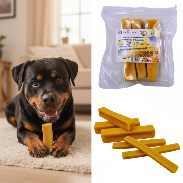 Himalaya Yak Kaukäse Kurkuma & Glucosamin – Hund frisst, Verpackung & loser Käse
