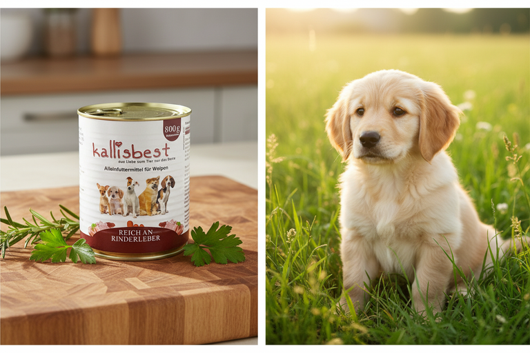 Kallisbest Rinderleber Nassfutter Welpen – Split-Bild mit Golden Retriever Welpe