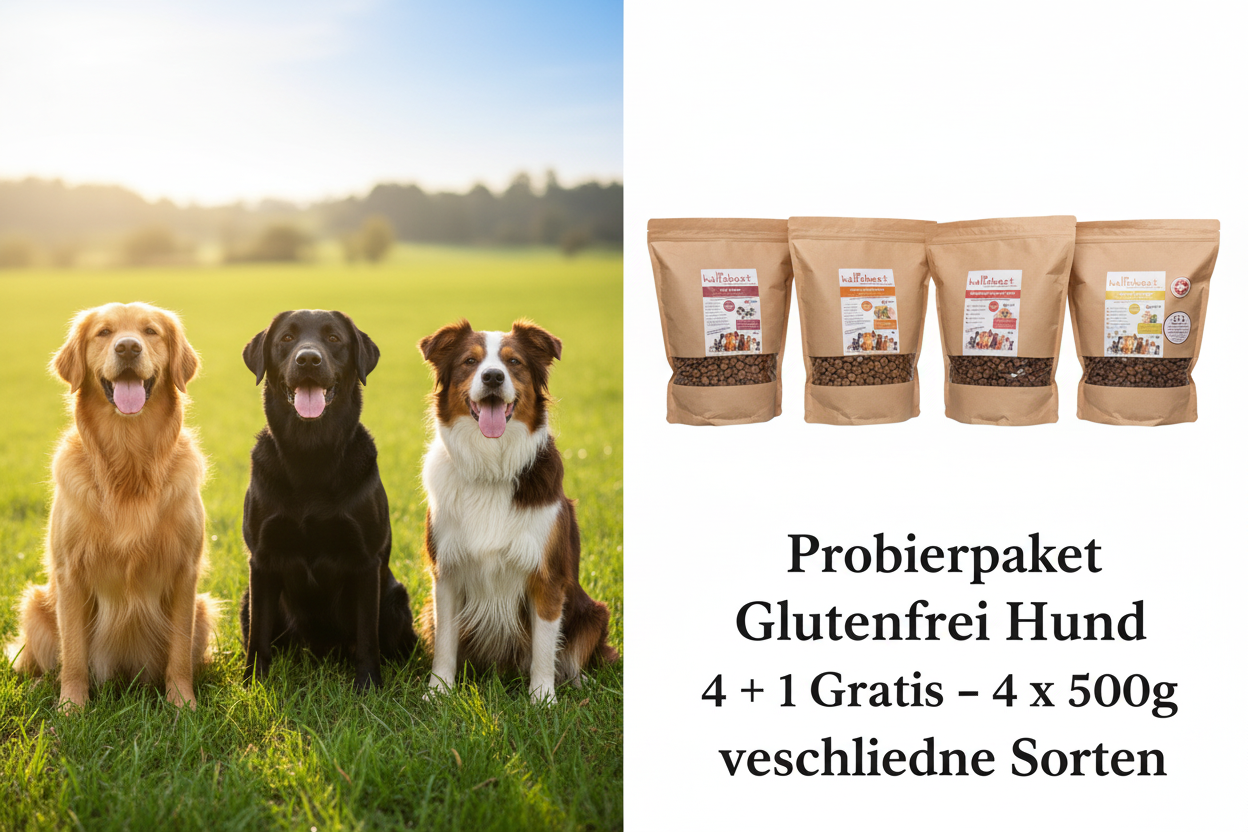 Probierpaket Glutenfrei Hund 4+1 Gratis – Golden Retriever, Labrador und Border Collie mit Produktbeuteln