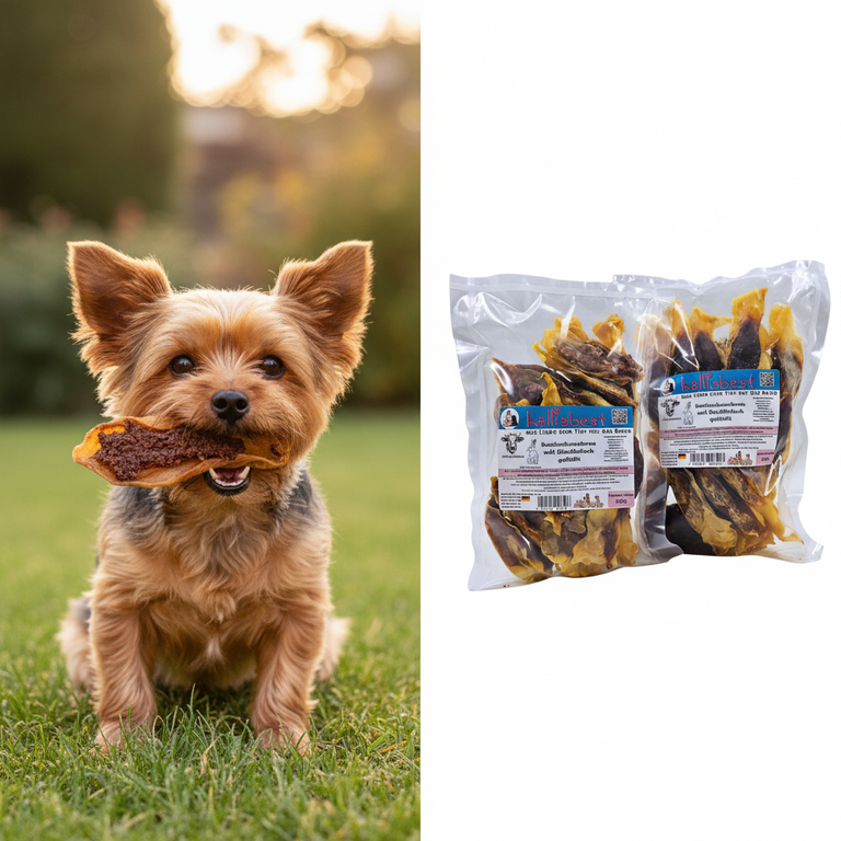 Kaninchenohren mit Rindfleisch – kleiner Hund kaut begeistert | Kallisbest