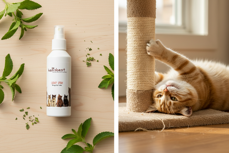 Kallisbest Catnip Spray – Split-Bild mit spielender Katze