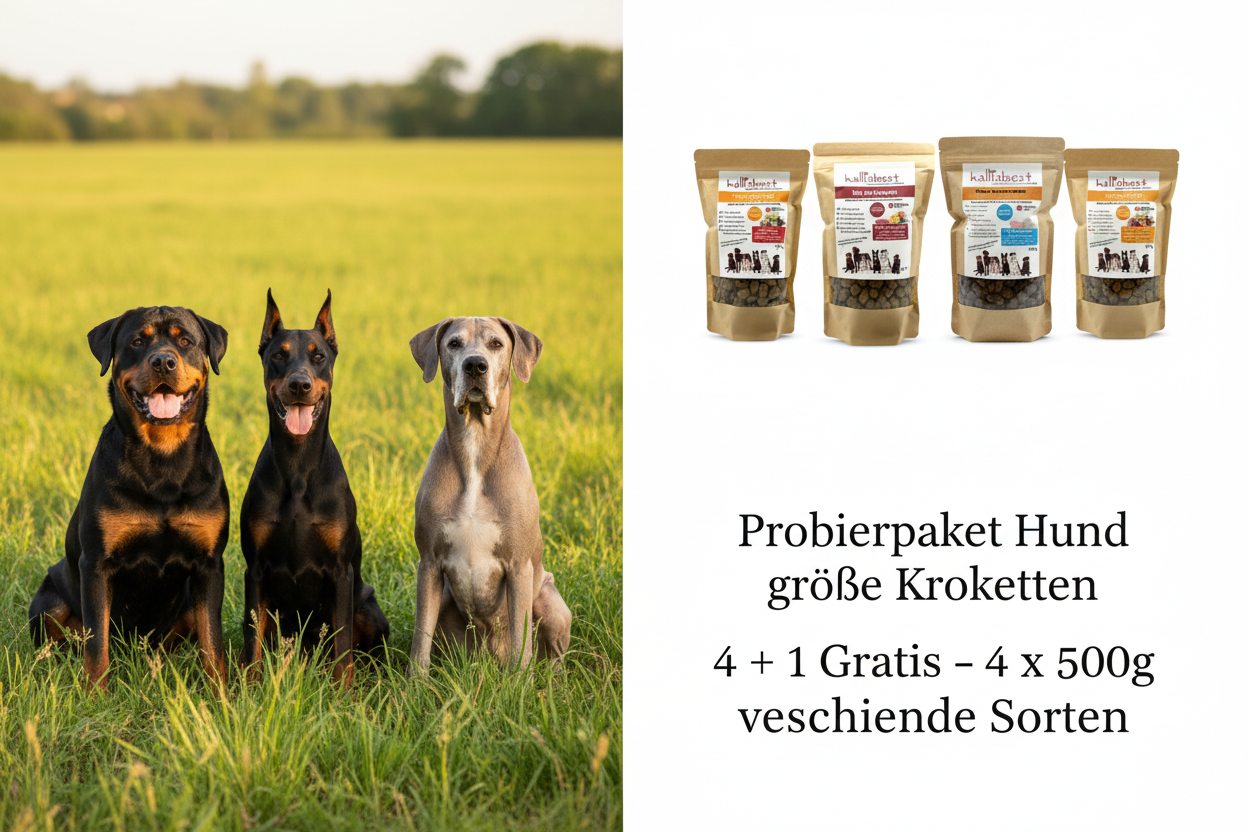 Probierpaket Hund große Kroketten 4+1 Gratis – Rottweiler, Dobermann, Deutsche Dogge mit 4 Produktbeuteln