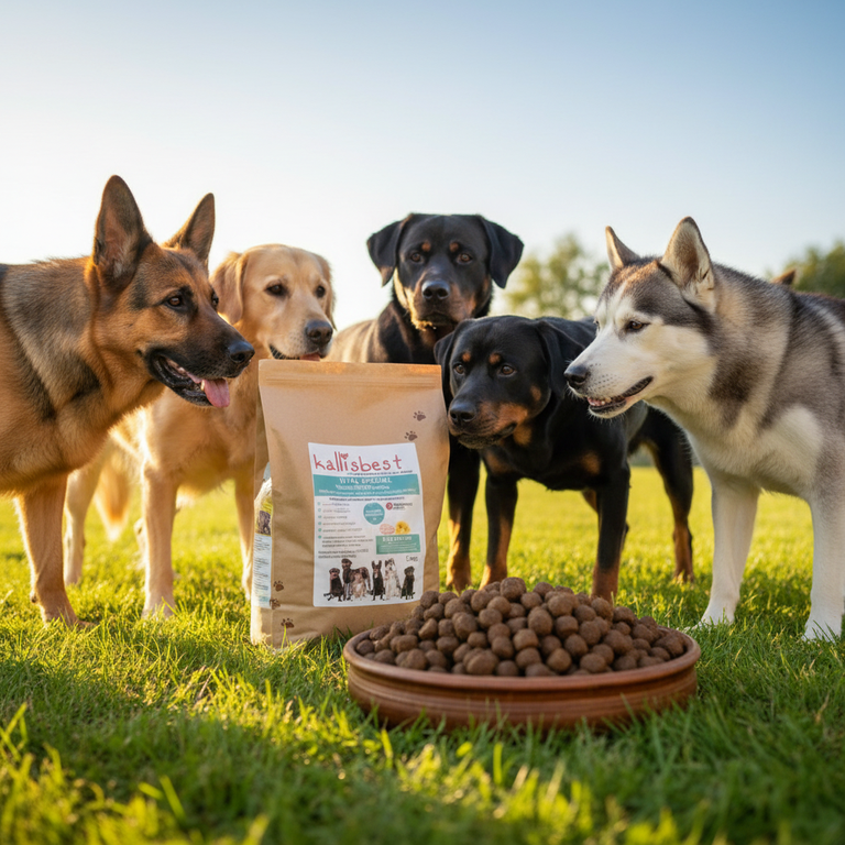 VITAL SPEZIAL Truthahn große Kroketten – Große Hunderassen outdoor um Napf versammelt - Kallisbest