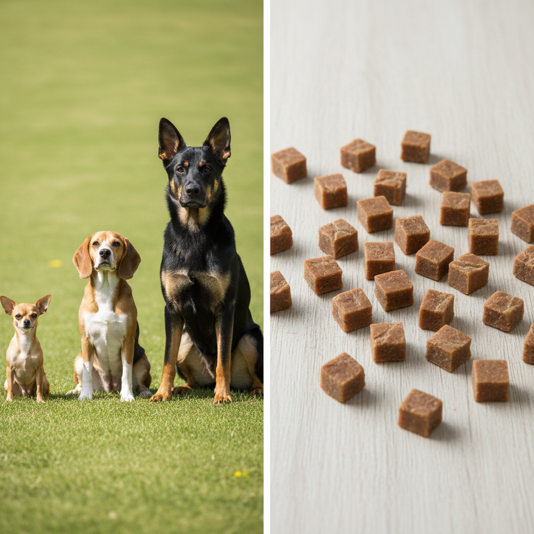 Rindfleischwürfel Maxipack – Hundegruppe verschiedener Rassen im Training