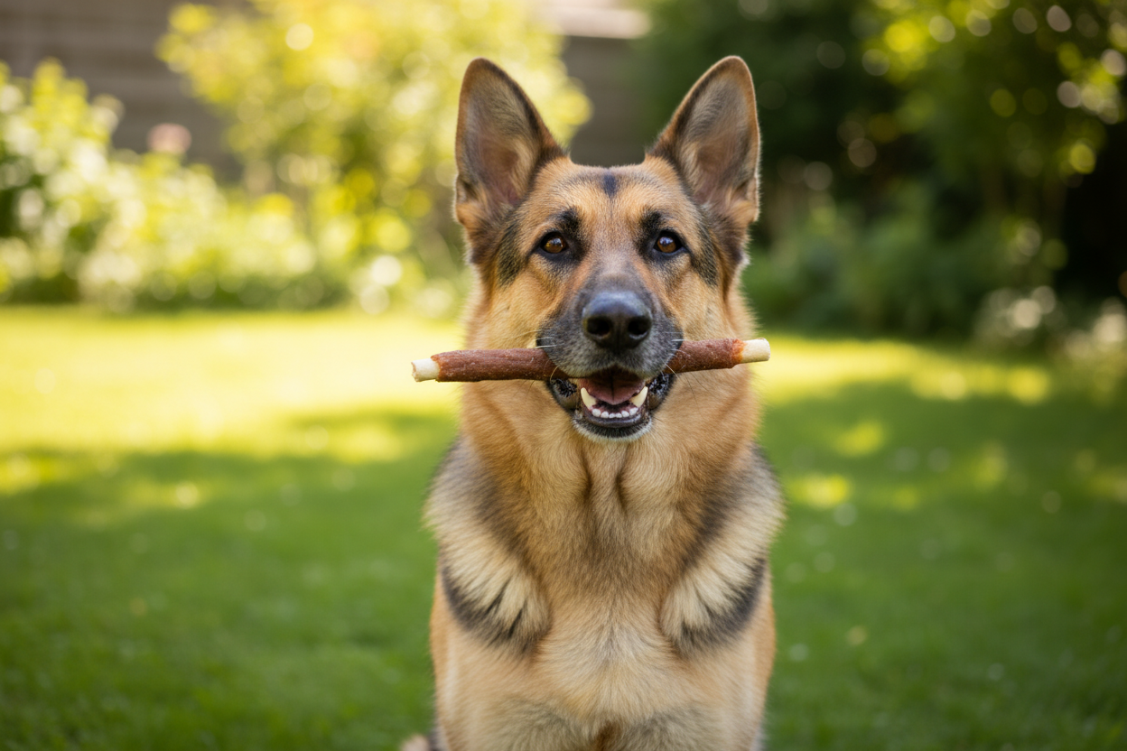 Schäferhund kaut Kallisbest Kaustange im Entenfleischmantel MAXI