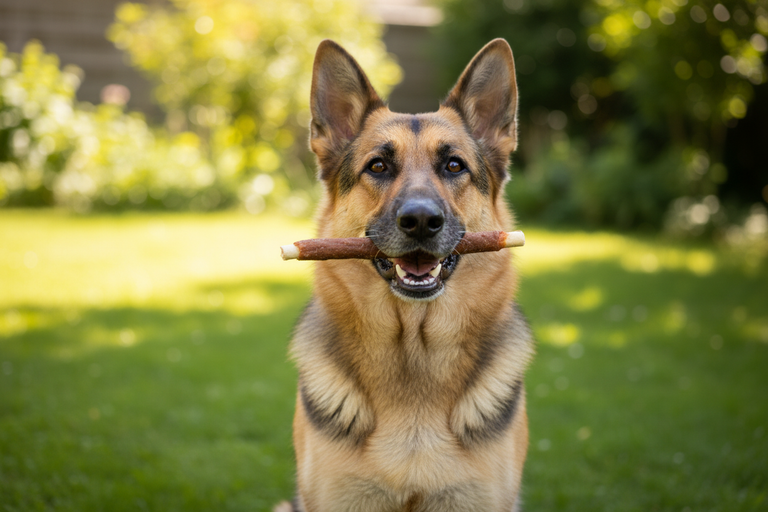 Schäferhund kaut Kallisbest Kaustange im Entenfleischmantel MAXI
