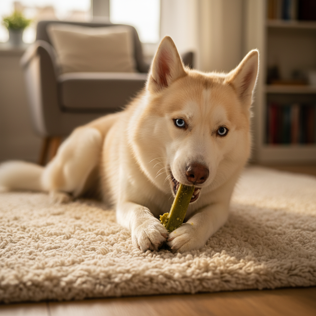 Husky frisst Himalaya Yak Kaukäse mit Spirulina