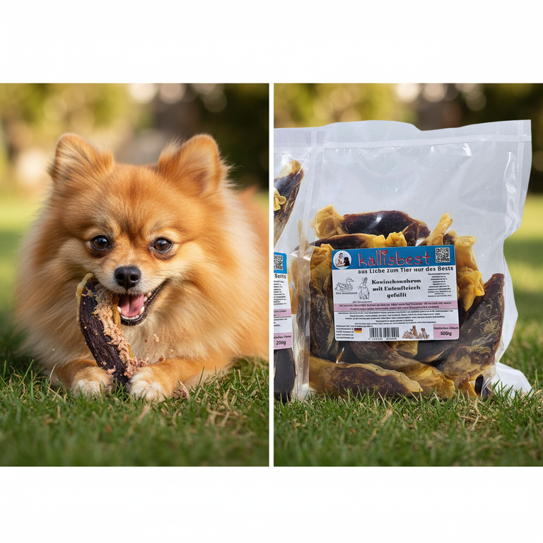 Kaninchenohren mit Entenfleisch – kleiner Hund kaut begeistert | Kallisbest
