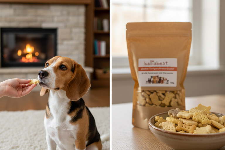 Beagle mit gebackenen Tierfiguren Hundekeksen in Schüssel – Kallisbest