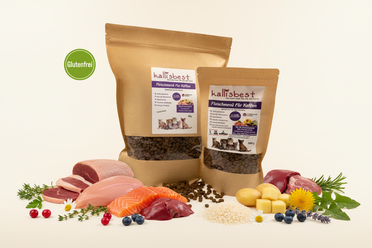 Fleischmenü kleine Kroketten Katzen & Kitten – Verpackung mit Zutaten und Glutenfrei-Badge