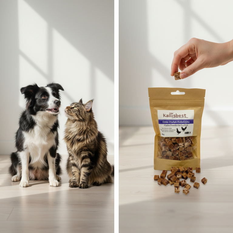 Ente-Huhn-Kabeljau Fleischwürfel – Border Collie und Maine Coon mit Verpackung