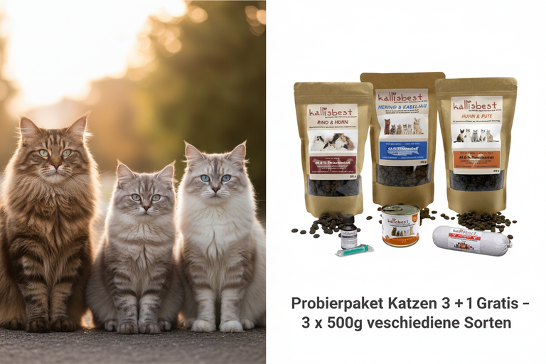 Probierpaket Katzen 3+1 Gratis – Maine Coon, British Shorthair und Ragdoll mit Produktbeuteln