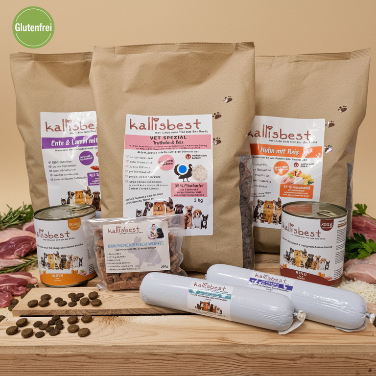 Abwechslung Paket Nr.12 – Ente & Lamm, Huhn mit Reis & Vet Spezial je 3kg u.a. – Kallisbest