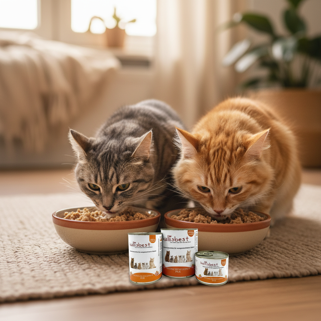 Katzen fressen genüsslich Kallisbest Hühnchenfleisch pur