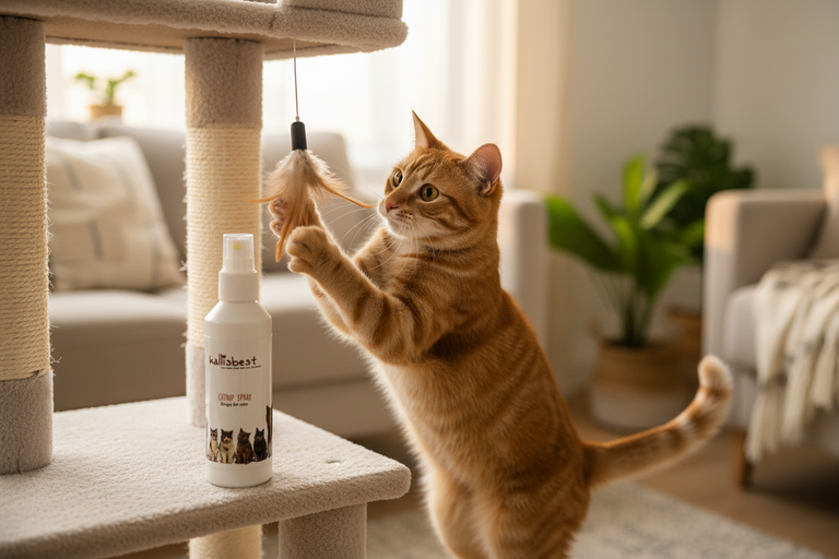 Kallisbest Catnip Spray Flasche neben Katze am Kratzbaum