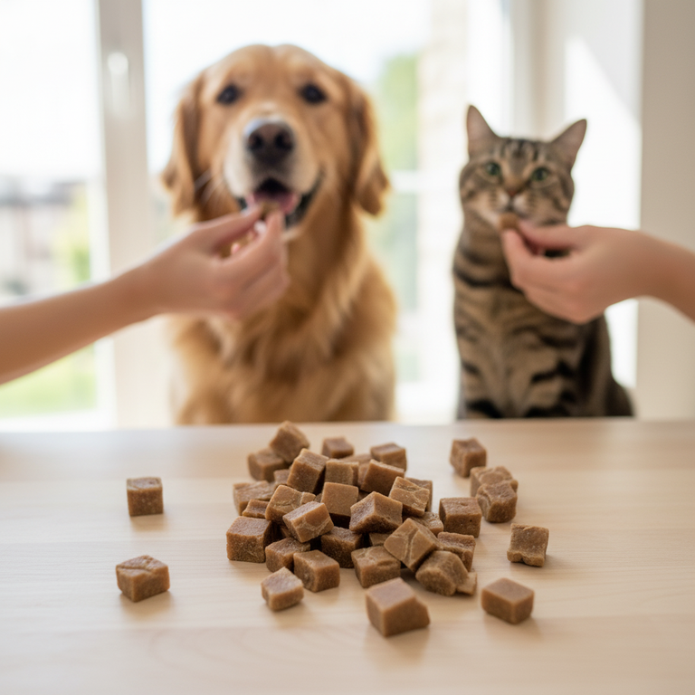 Rindfleischwürfel Maxipack – Würfel vorne, Hund und Katze bekommen Leckerli aus der Hand