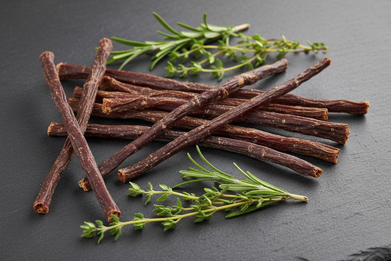 Kallisbest Schweinedärme Stangen auf Schieferplatte mit Kräutern