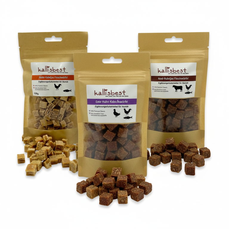 Alle 3 Sorten Fleischwürfel nebeneinander