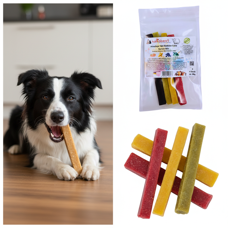Himalaya Yak Kaukäse Sorten-Mix – Hund frisst, Verpackung & loser Käse