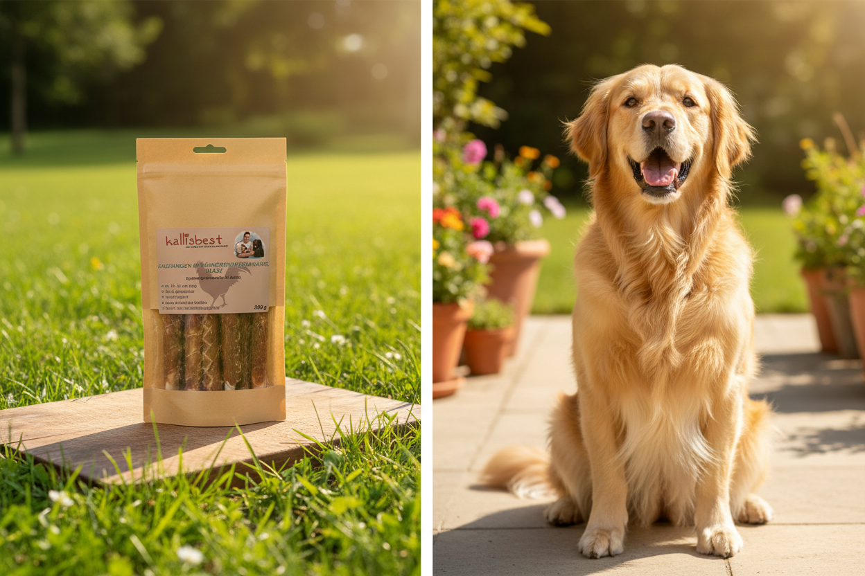 Kallisbest Kaustangen im Hühnchenfleischmantel MAXI 300g auf Holzbrett auf Wiese mit Golden Retriever