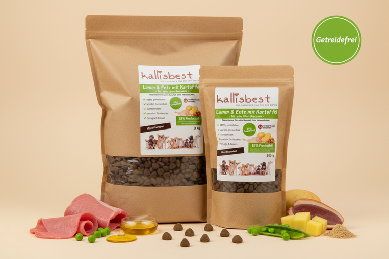 Lamm & Ente mit Kartoffel Mini Rassen – Verpackung mit Zutaten und Getreidefrei-Badge