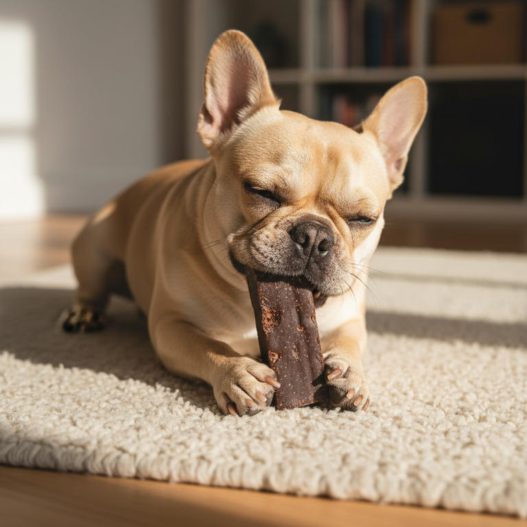 Französische Bulldogge frisst Himalaya Yak Kaukäse mit Blaubeeren