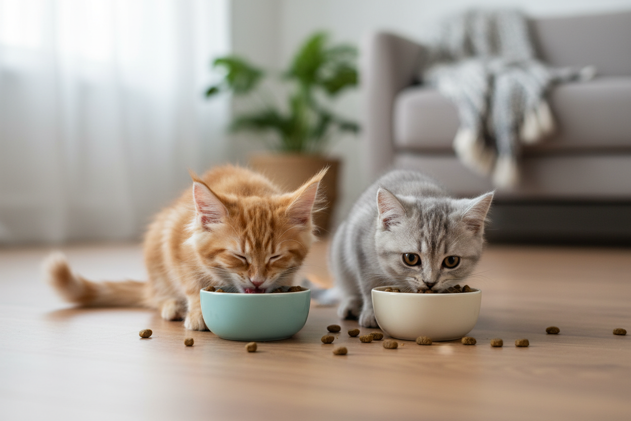 Süße Kitten Maine Coon und British Shorthair fressen Kallisbest Trockenfutter aus Napf